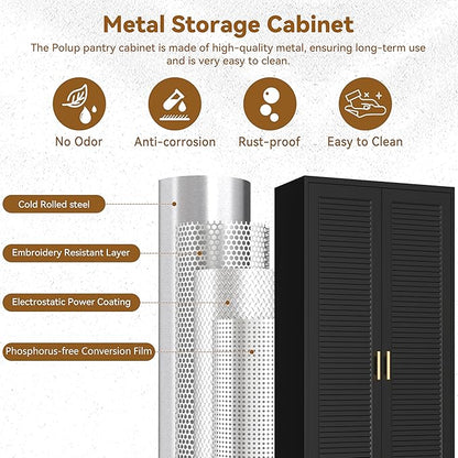 Polup 75" Metal Storage Cabinet with Doors and Shelves, Black Kitchen Pantry Cabinet, 6-Tier Freestanding Tall Storage Cabinet for Garage, Office, Bathroom, Laundry Room, Dining Room
