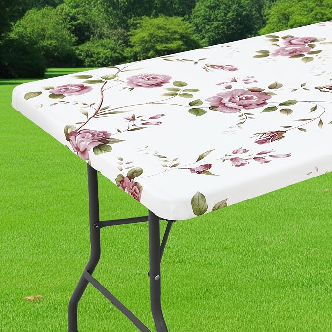 Smiry Spandex Fitted Tablecloth for 6 Foot Rectangle Tables, Washable Picnic Table Cover with Elastic, Stretch Reusable Table Cloth for Outdoor, Camping, Dining & Kitchen (Flowers, 30"x72")