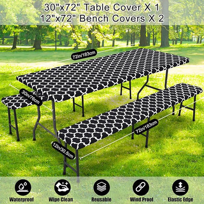 Smiry Picnic Table Cover with Bench Covers, Waterproof Elastic Fitted Tablecloth for 6 Foot Tables, Washable Polyester Tablecloths for Camping, Indoor & Outdoor (Black, 30x72 Inch 3-pc Set)