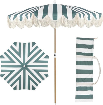 JONATHAN Y Mariner 6.5 ft. Striped Fringe Beach Umbrella, Green/White | Push-Button Tilt, UV 50 Protection, Matching Carry Bag, Light Brown Wood Finish Iron Pole, Wind Vent, Scalloped Round Canopy