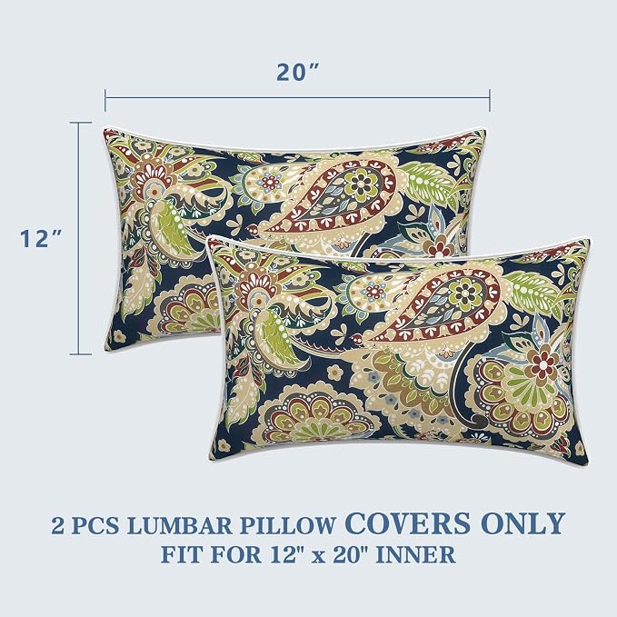 LVTXIII 2 Pack Outdoor Lumbar Pillow Covers 12x20 Inch with Piping, Water-Repellent Back Cushion Covers ONLY for Patio Furniture, Sofa, Garden Bench, Paisley Bloom
