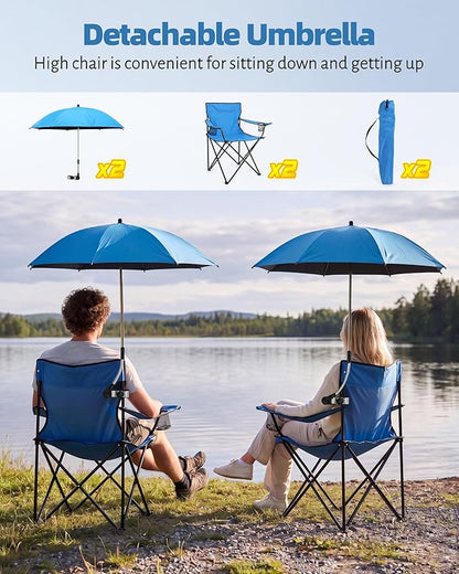 HaSteeL 2PCS Camping Chairs with Detachable Umbrella, Folding Beach Chair for Adults, Large Portable Foldable Chair for Outdoors Fishing Hiking Travel Picnic Lawn, Supports 275lbs, Storage Bags, Blue