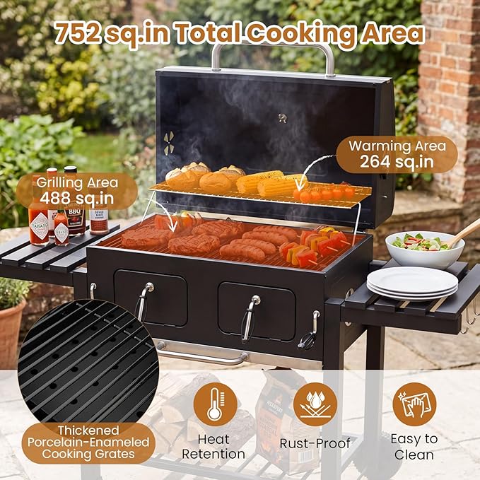 HAPPYGRILL Charcoal Grill, 752 sq.in Oversized Outdoor Smoker BBQ Grill with Individual Lifting Charcoal Trays, Folding Side Tables, Thermometer, Wheels, Bottle Opener & Protective Cover, Black