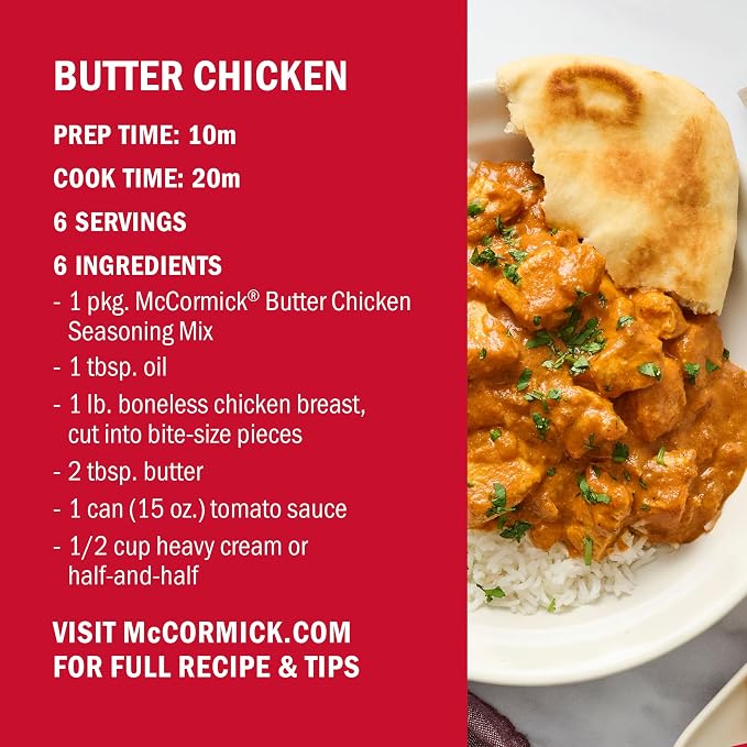 McCormick Seasoning Mix, Butter Chicken, For Aromatic Indian Butter Chicken That’s Ready in 30 Minutes, 0.87 oz (Pack of 12)
