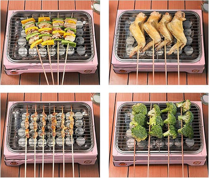 Portable Charcoal Grill, Compact Detachable Stainless Steel BBQ Smoker, Single Use Barbecue Grill for Outdoor Camping, Easy to Carry and Clean (Pink (containing 30 Charcoal))