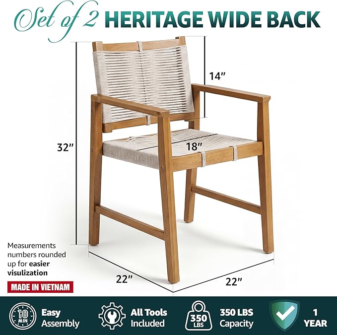 Heritage Woven Rope Eucalyptus Wood Armchair, Set of 2 Oversized Wide Backrest for Enhanced Comfort - Handcrafted Outdoor Patio Dining Chairs, Solid Eucalyptus Boho Seating for Deck, Porch & Backyard