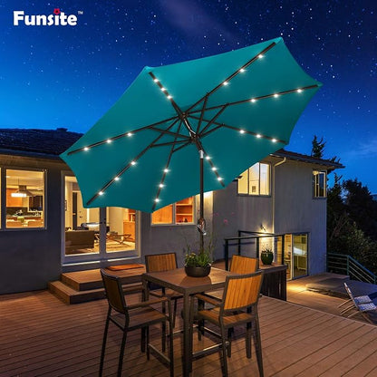 9ft Patio Umbrella with Solar Lights, Outdoor Umbrella with 24 LED Solar Umbrella Lights, Solar Patio Umbrella with Push Botton Tilt & Crank Ideal for Garden, Deck, Backyard & Pool, Teal Green
