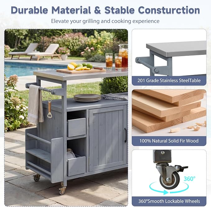 Christopher Knight Home Edsel Outdoor Bar Cart with Stainless Steel Top and Lockable Wheels, Solid Wood Outdoor Storage Cabinet, Kitchen Island Serving Cart for Poolside, Garden, Blue Gray