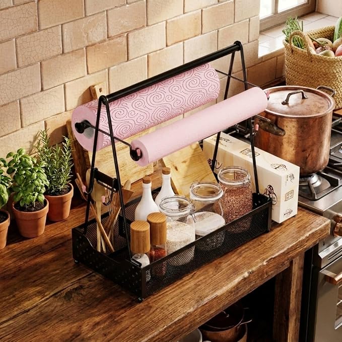 Grill caddy, BBQ Caddy Organizer with Paper Towel Holder, Black Metal Grill Accessory Rack, Kitchen Condiment Storage Basket with Utensil Holder
