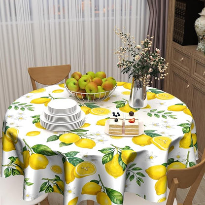 Sweetshow Yellow Lemon Table Cloth Round Fruit Tree Branches Leaves Flowers Bloom Bright Summer Tablecloth 60 Inch Decor Washable Stain and Wrinkle Spring Round Table Cover for Dining Picnic