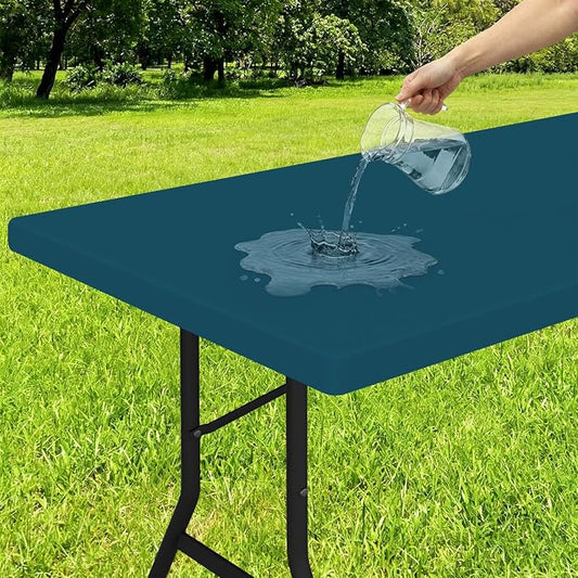 Smiry Rectangle Tablecloth, Elastic Fitted Flannel Backed Vinyl Tablecloths for 8ft Folding Tables, Waterproof Wipeable Table Covers for Indoor, Outdoor, Camping and Picnic (Peacock Blue, 30"x96")