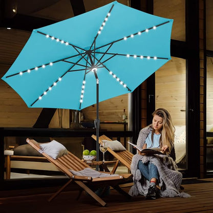 FLAME&SHADE Solar Patio Umbrella with a Centre Light, 9 FT Aqua Blue | 40 LED Lights, UV Protection, Waterproof, Porch Deck Outdoor Umbrella for Pool, Backyard, Garden, Provides Evening Lighting