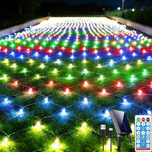 21ft x 5ft Solar Net Lights, 360LED Christmas Net Lights Solar & USB Powered, Waterproof Mesh String Lights 8 Modes Green Wire for Bushes Patio Garden Xmas Holiday Party Outdoor Decor (Multicolor)