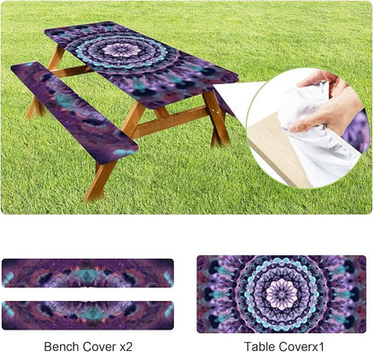 ANNA QUEEN Mandala Picnic Table Cover Set, 6FT Boho Purple Waterproof Tablecloth & Bench Covers 3PCS 72"x30" for Camping Garden Patio Festivals Retreats