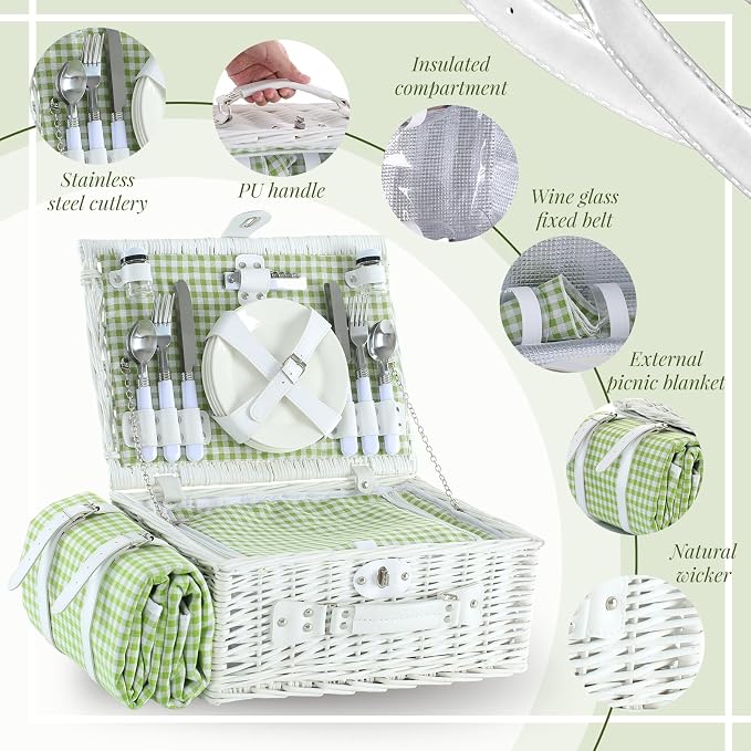 Wicker Picnic Basket Set for 4, Blanket, Cooler Bag, Green Plaid | Four-Person Wicker Set Includes Tableware, Insulated Food Storage and Waterproof Blanket for Parks, Camping, Dates and Gifts