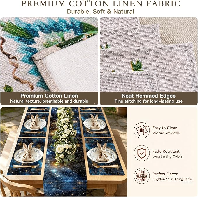 Nuxovilar Tablerunner and Placemats Set of 7 Starry Sky Themed Linen Square Placemats for Dining Dining Sets and Accessories Themed Dinner, Star Party, Romantic Gathering