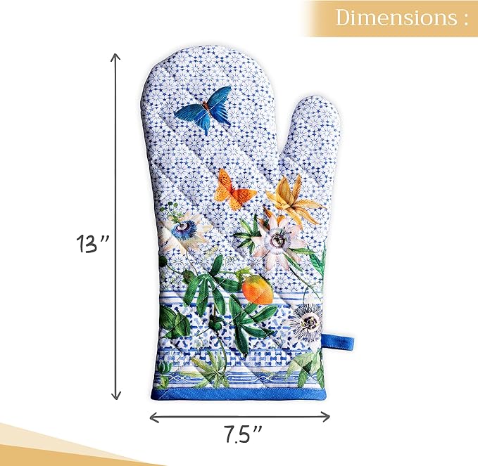 Maison d'Hermine Oven Gloves 100% Cotton Oven Mitt 7" x 13" with Loop Heat Resistant BBQ Cooking Gloves Baking Grilling Kitchen Hotel Home Farmhouse Spring Summer (Pack of 1, Passiflora)