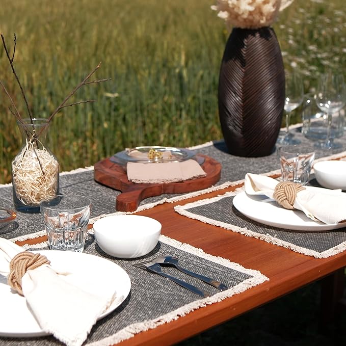 Hausattire Cotton Frayed Placemats Set of 6 Dining Table 14x14 Inch | Rustic Boho Washable Easter Placemat for Outdoor Parties BBQ's Wedding, Holiday, Special Occasions, Nubby Cotton - Washed Black