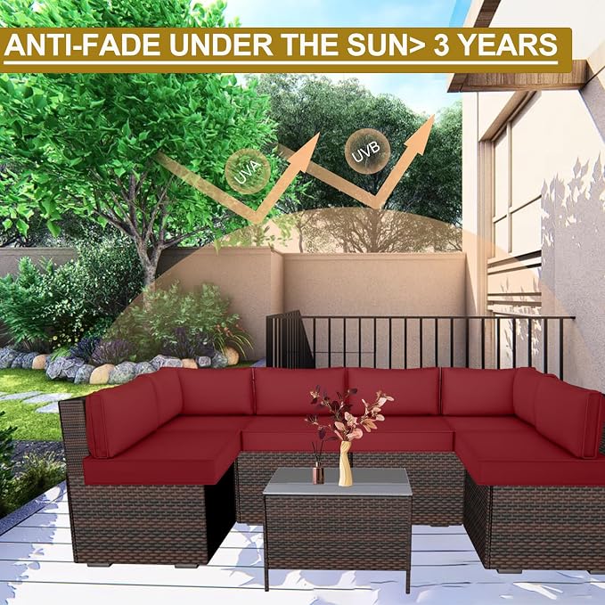14 Piece Outdoor Patio Cushion Cover Replacement, Waterproof Patio Cushion Covers, Outdoor Furniture Cushion Covers Set for 6 Seat Wicker Rattan Sofa (Wind Red)
