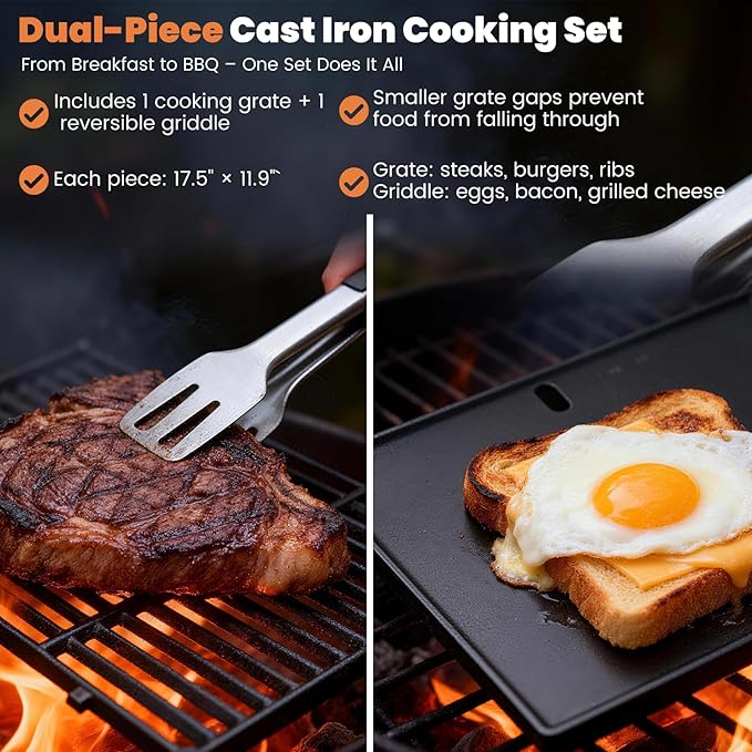 17.5"×11.9" Cast Iron Grill Griddle & Cooking Grates Set - 7598/7638 Replacement for Weber Spirit 300 & Spirit II 300 (E/S-310 · 320 · 330), Genesis Silver/Gold B&C & More Grills