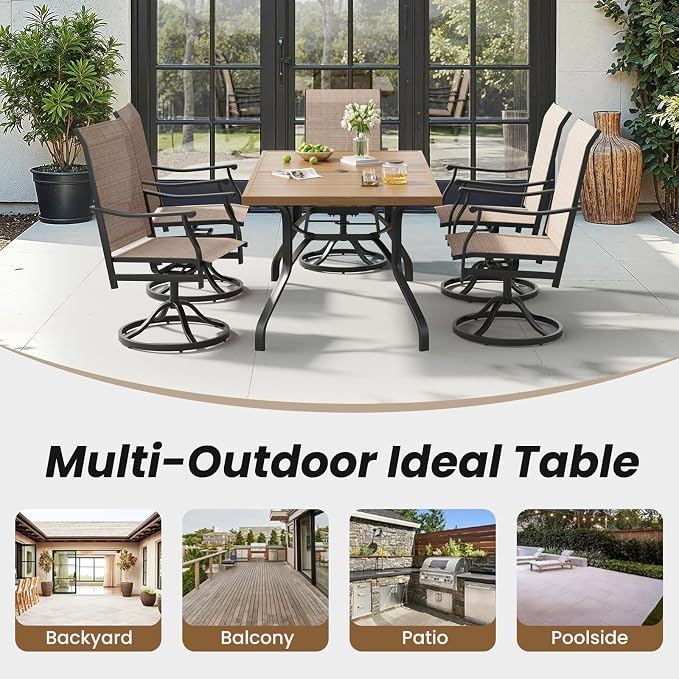 Outdoor Patio Table with 1.57" Umbrella Hole, 60"x35" Outdoor Dining Table Wood-Like Texture, All-Weather Metal Frame Patio Dining Tables for Poolside, Deck, Proch