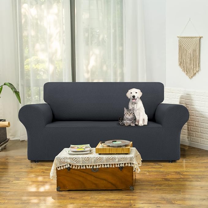 LURKA Loveseat Couch Cover 1 Piece 2 Cushion Sofa Slipcover, Dark Grey | Soft Stretch Jacquard, Fits 55"-78" Loveseats, Elastic Bottom for Secure Fit, Machine Washable, Pet & Kid Friendly
