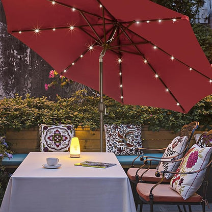 Blissun 9 ft Solar Umbrella, 32 LED Lighted Patio Umbrella, Table Market Umbrella, Outdoor Umbrella for Garden, Deck, Backyard, Pool and Beach (Burgundy)