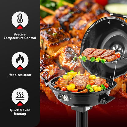 ROVSUN 1600W Vertical Electric Grill with Lid, Red 304 Stainless Steel Grill w/Detachable Pull-out Drip Tray, Double Layer Design, Portable & Removable, for Indoor and Outdoor Use (Black Vertical)