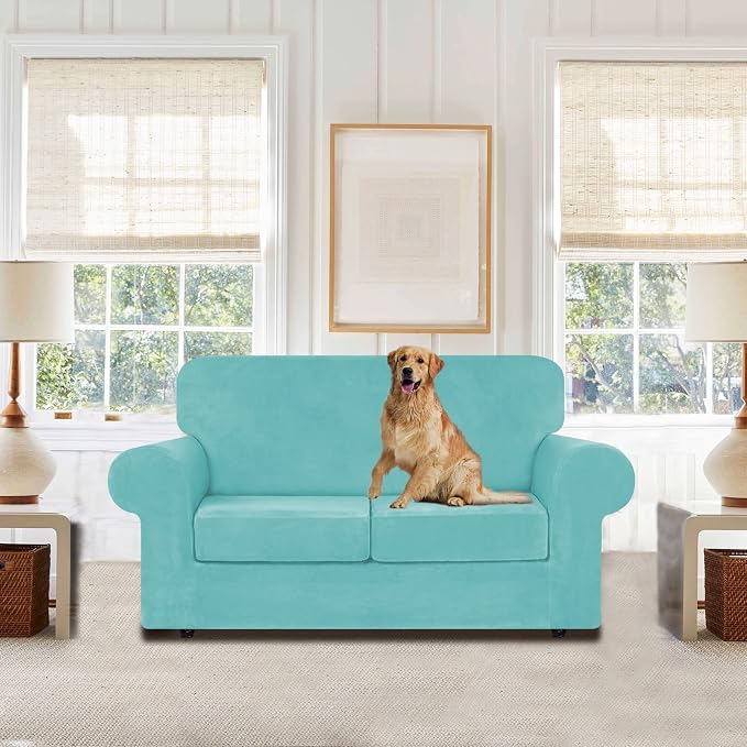WEERRW Velvet Stretch 3 Pieces Couch Cover for Sofa Washable, Aqua | Love Seat Couch Covers for 2 Cushion Couch Sofa Furniture Protector slipcoves with Elastic Bottom for Kids, Medium