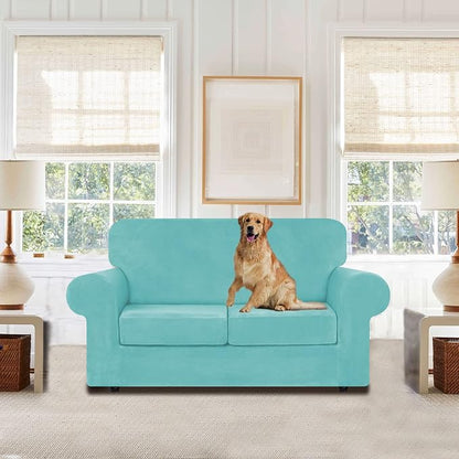 WEERRW Velvet Stretch 3 Pieces Couch Cover for Sofa Washable, Aqua | Love Seat Couch Covers for 2 Cushion Couch Sofa Furniture Protector slipcoves with Elastic Bottom for Kids, Medium