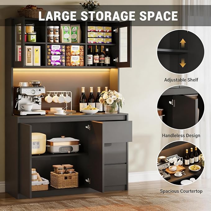 71" Kitchen Pantry Cabinet,Tall Storage Cabinet with Shelves Adjustable | Kitchen Storage Hutch with Microwave Shelf,Coffee Bar,Led Lights&Charging Station,Corner Pantry Cabinet for Living Room