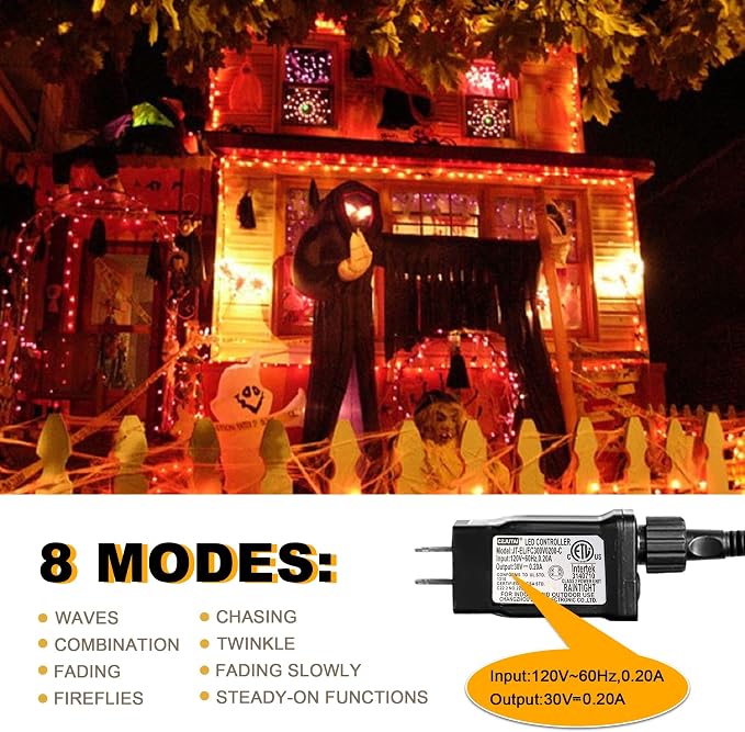 weillsnow 66 FT 200 LED Orange Halloween String Lights with Timer | Plug in String Lights, Connectable, Memory Function, 8 Twinkle Modes,IP44 Waterproof, for Bedroom Garden Lawn Halloween Decor