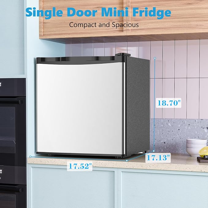 Electactic 1.7 Cu.ft Mini Fridge, Compact Refrigerator, Single Reversible Door, Ultra Quiet, Energy Efficient for Office, Dorm, Bedroom, Apartment, Silver