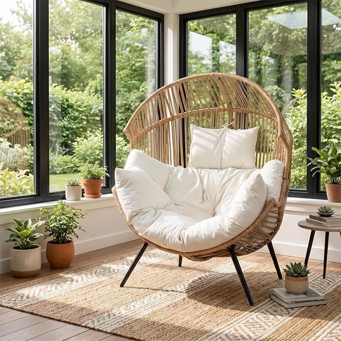 Oversized Outdoor Wicker Egg Chair, Patio Lounge Chair Basket Seat with Thick Cushion, All Weather Indoor Outdoor Porch Rockers for Balcony, Living Room, Lawn Garden