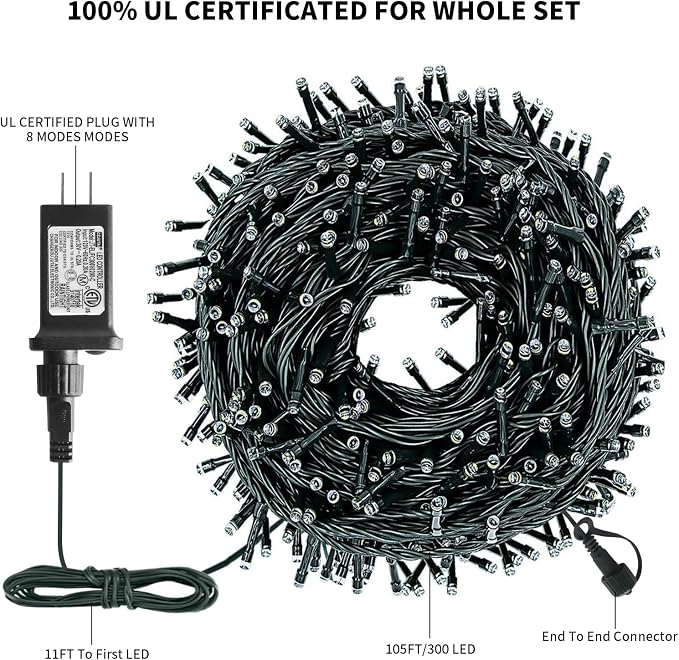 Christmas String Lights, 105ft 300 LED Christmas Lights 8 Modes | Memory Function & Timer- UL Certified - Outdoor Indoor Christma s Fairy Lights for Tree, Garden, Party, Wedding(Red + Green)