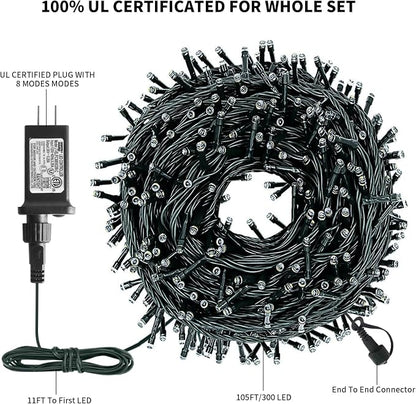 Christmas String Lights, 105ft 300 LED Christmas Tree Lights | 8 Modes Memory Function & Timer- UL Certified Outdoor Indoor Christmas Fairy Lights for Tree, Garden, Party(Red + White)