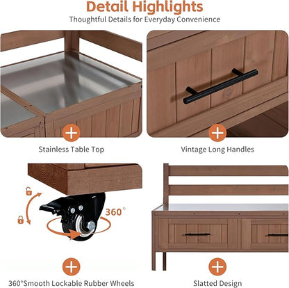 GDFStudio Elshire Patio Kitchen Island Cart with Storage, Wooden Outdoor Storage Cabinet with Stainless Steel BBQ Prep Table Top, Drawers, Raised Shelf and Lockable Wheels, Garden Potting Bench, Brown