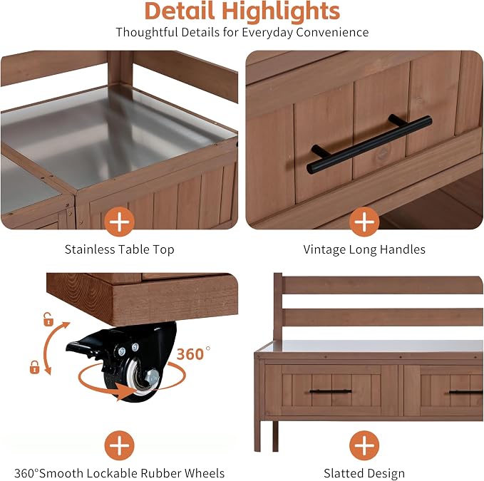 Outdoor Kitchen Cart with Stainless Steel Top, 62.3 Inch | Fir wood frame, stainless surface, raised shelf, fixed shelf, 2 lockable wheels, split-use design, BBQ prep, patio garden use
