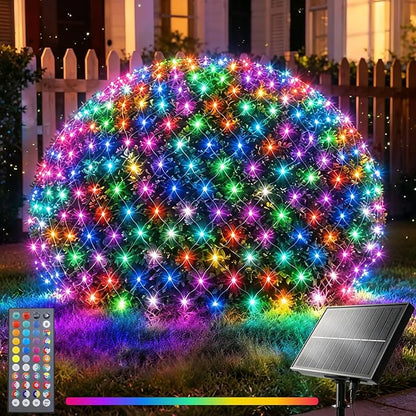 34 Colors Changing Net Lights Outdoor Solar & USB Powered, 6.5x6.5ft | RGB Solar Net Lights with Remote, 120LED Christmas Net String Lights Waterproof Green Wire Bush Lights for Backyard Patio