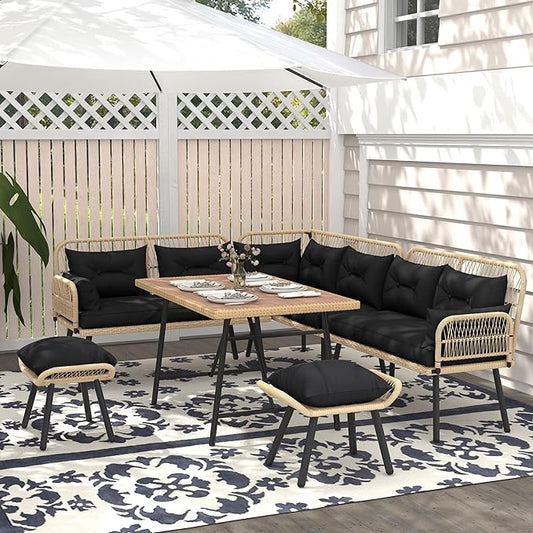 YITAHOME L-Shaped Patio Furniture Set, All-Weather Rattan Outdoor Conversation Sofa with Soft Cushions, Ottomans & Plastic Wood Dining Table for Backyard Deck, Light Brown + Black