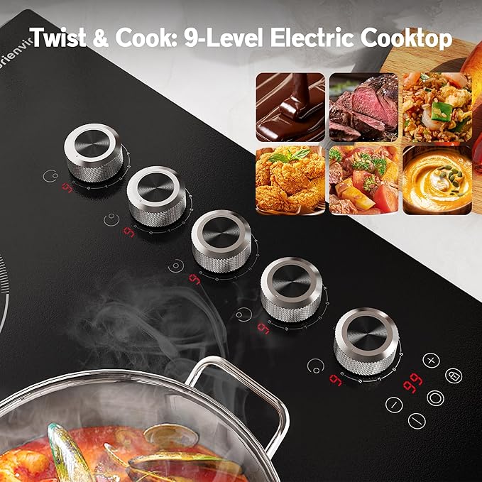 30 Inch Electric Cooktop 5 Burner Karienvir, 8600W Built-in Electric Stove Top, Cooktop 30" with Double-ring Burner, Knob & Touch Control, 9 Power Levels, Timer, Safety Lock, 220V-240V Hard Wire