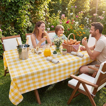 Softalker Gingham Checkered Tablecloth Square - Outdoor Waterproof Buffalo Plaid Table Cloth, Stain Resistant Washable Table Cover for Picnic, Camping, Dining - Yellow and White, 54 x 54 Inch