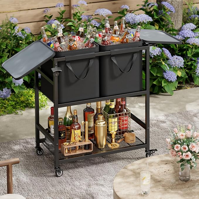 Patio Rolling Cooler Cart, Portable Bar Station for Backyard, Pool & BBQ | Two Detachable Insulated Bags, Four Casters with Two Locks, Side Bottle Opener, 12-Hour Insulation