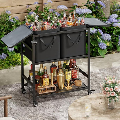 Patio Rolling Cooler Cart, Portable Bar Station for Backyard, Pool & BBQ | Two Detachable Insulated Bags, Four Casters with Two Locks, Side Bottle Opener, 12-Hour Insulation