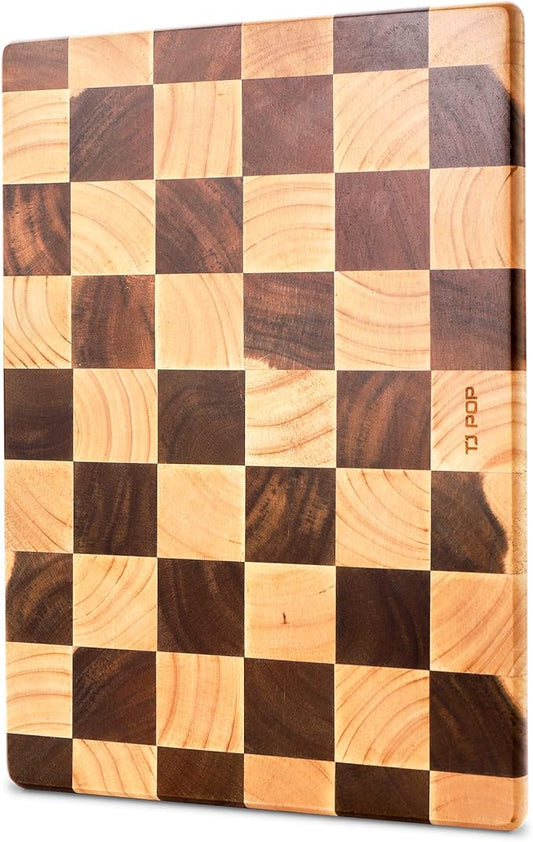 TJ POP End Grain Cutting Board - Heavy Duty Acacia/Rubber Wood For Kitchen, Flippable Serving Board For Meat, Bread & Fruits, Rectangle, 14.5 x 10 x 0.8 Inch