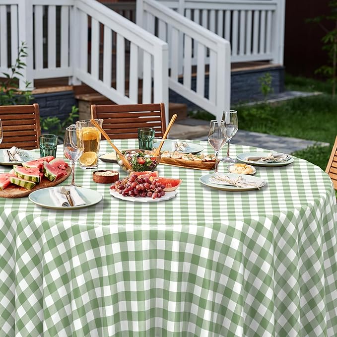 3 Pcs Sage Green Gingham Tablecloths 84 inch Checkered Round Tablecloths | Disposable Waterproof Green Round Gingham Tablecloths for Baby & Bridal Shower Picnic Camping Barbecue Birthday Party,84 Inch