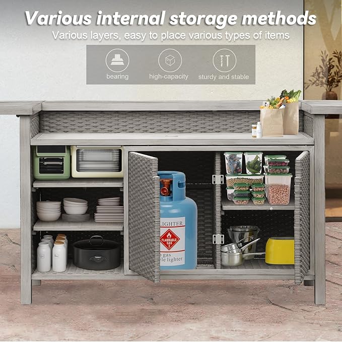 Domi Outdoor Home Bar Unit, All-Weather Wicker & Aluminum Frame Farmhouse Bar Furniture with Storage, Waterproof Rattan Buffet Table with Shelves and Cabinet, Easy-to-Clean for Patio Kitchen