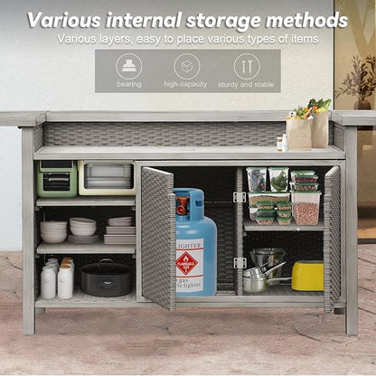 Domi Outdoor Home Bar Unit, All-Weather Wicker & Aluminum Frame Farmhouse Bar Furniture with Storage, Waterproof Rattan Buffet Table with Shelves and Cabinet, Easy-to-Clean for Patio Kitchen