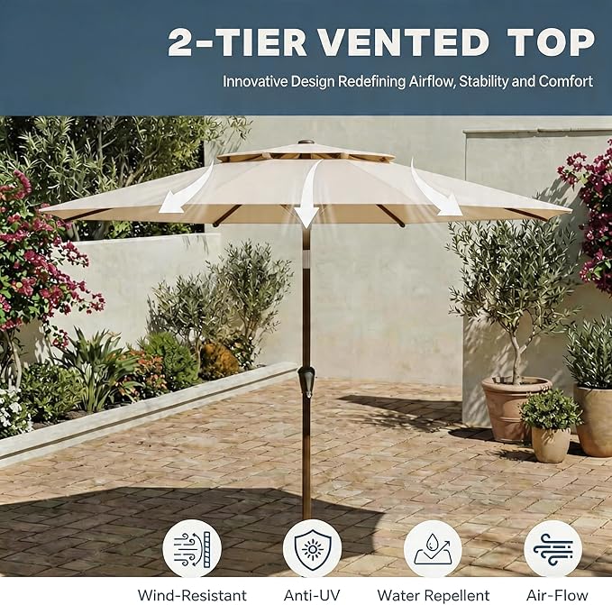 Patio Umbrella, 2 Tier Outdoor Table Umbrella, Large Vented Market Umbrellas with Push Button Tilt and Crank, 8 Sturdy Ribs for Backyard, Deck, Pool, UPF50+ UV Protection