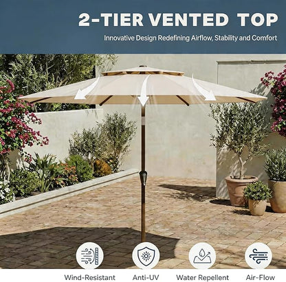 Patio Umbrella, 2 Tier Outdoor Table Umbrella, Large Vented Market Umbrellas with Push Button Tilt and Crank, 8 Sturdy Ribs for Backyard, Deck, Pool, UPF50+ UV Protection